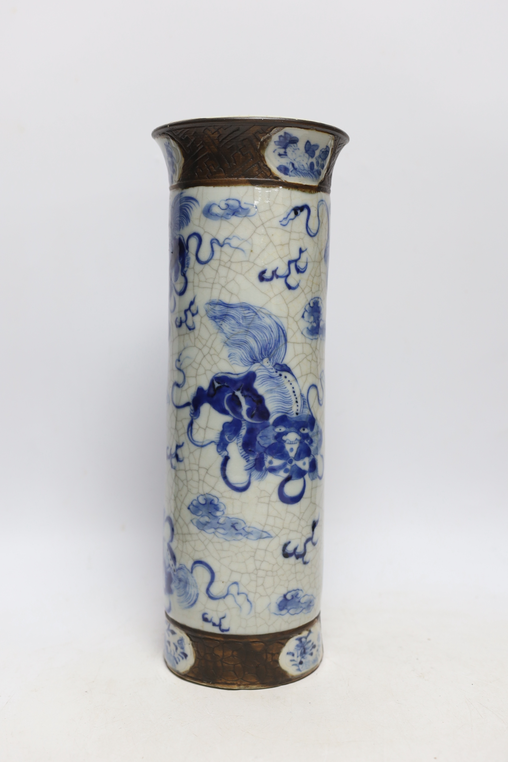 A Chinese blue and white crackle glaze cylindrical vase, 35cm high